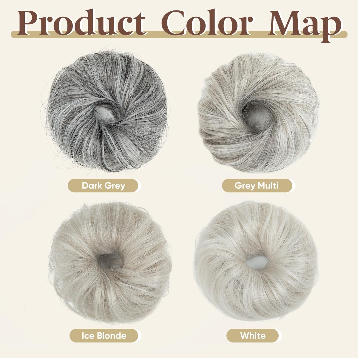 CJL HAIR model wearing grey multi messy bun showing natural blended finish