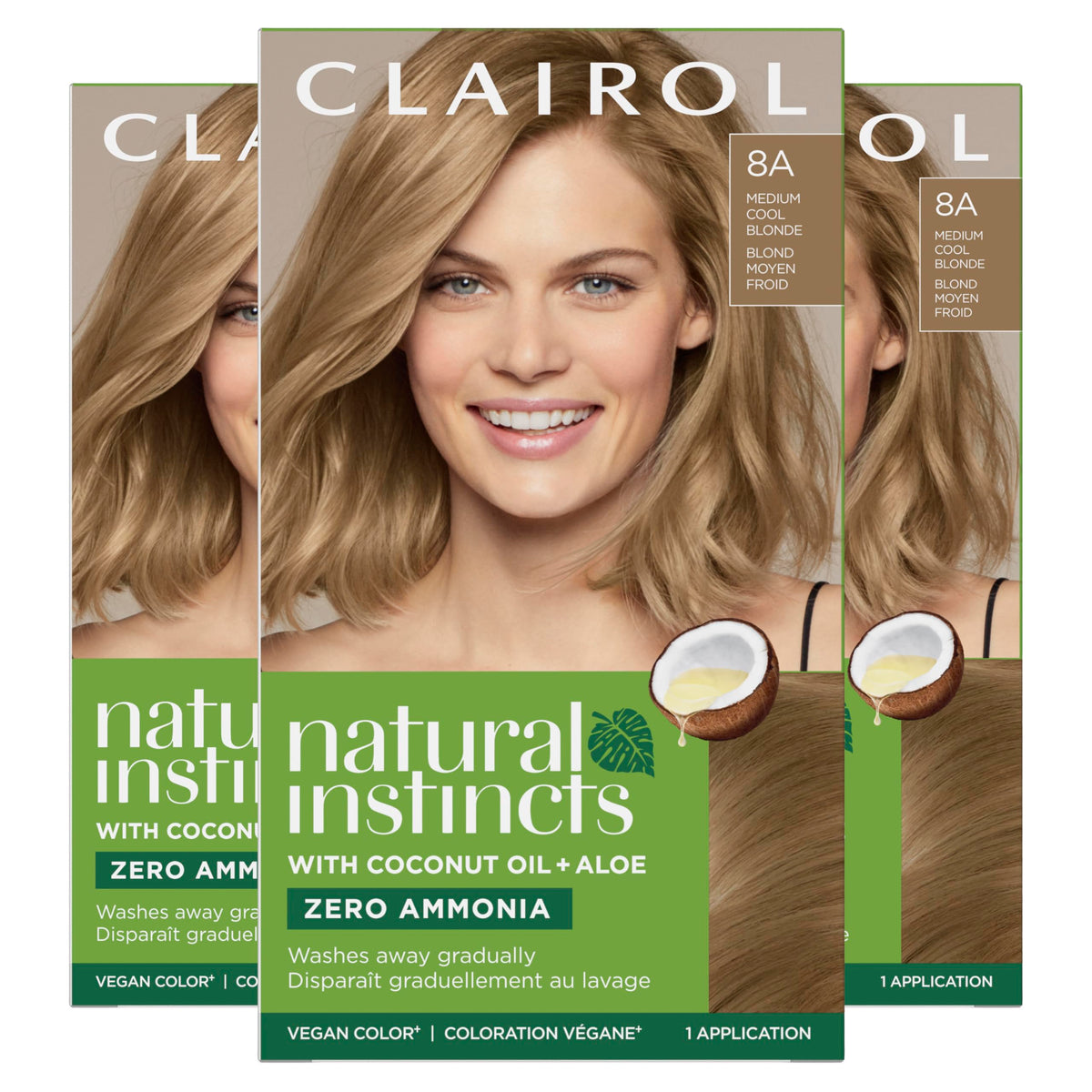 Clairol box front showing Natural Instincts 8A medium cool blonde for easy shade ID