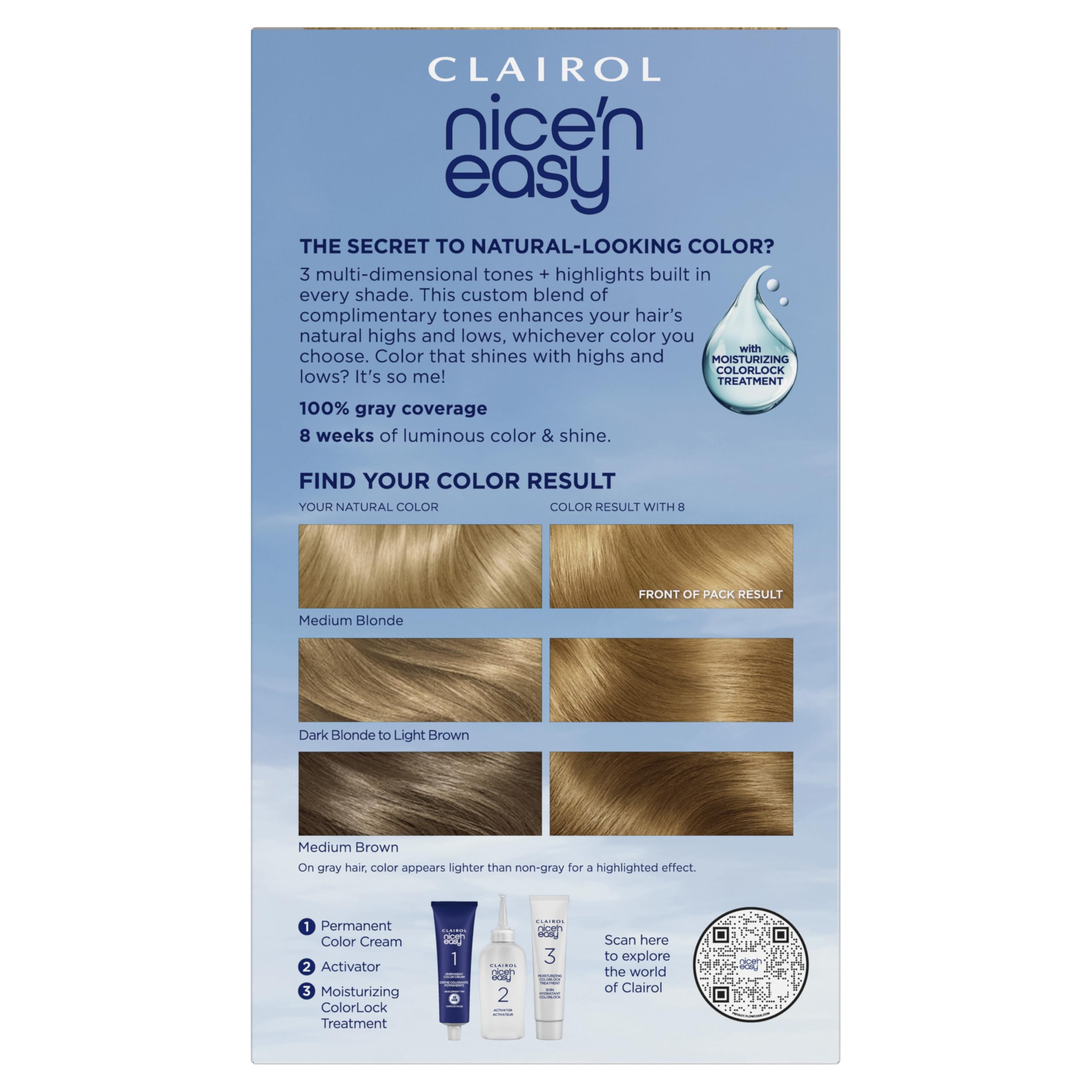 Clairol side panel with instructions and ingredients, clarity benefit shown