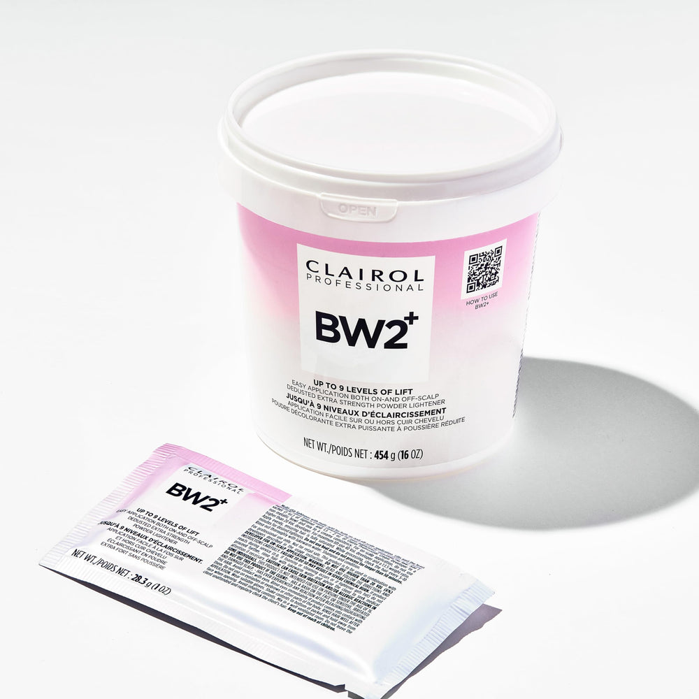 Clairol Professional BW2+ before and after image showing up to nine levels of lift.