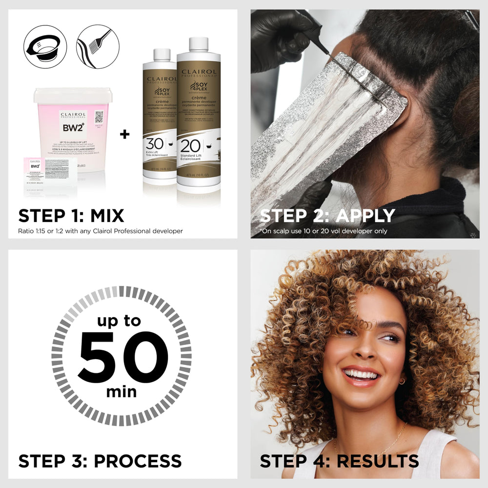 Clairol Professional BW2+ tube next to measuring spoon for accurate mixing ratios.