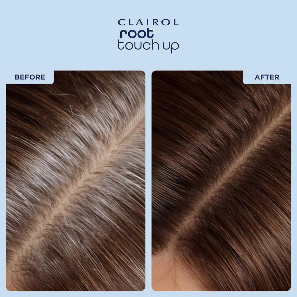 Clairol before and after rootline shows natural gray concealment