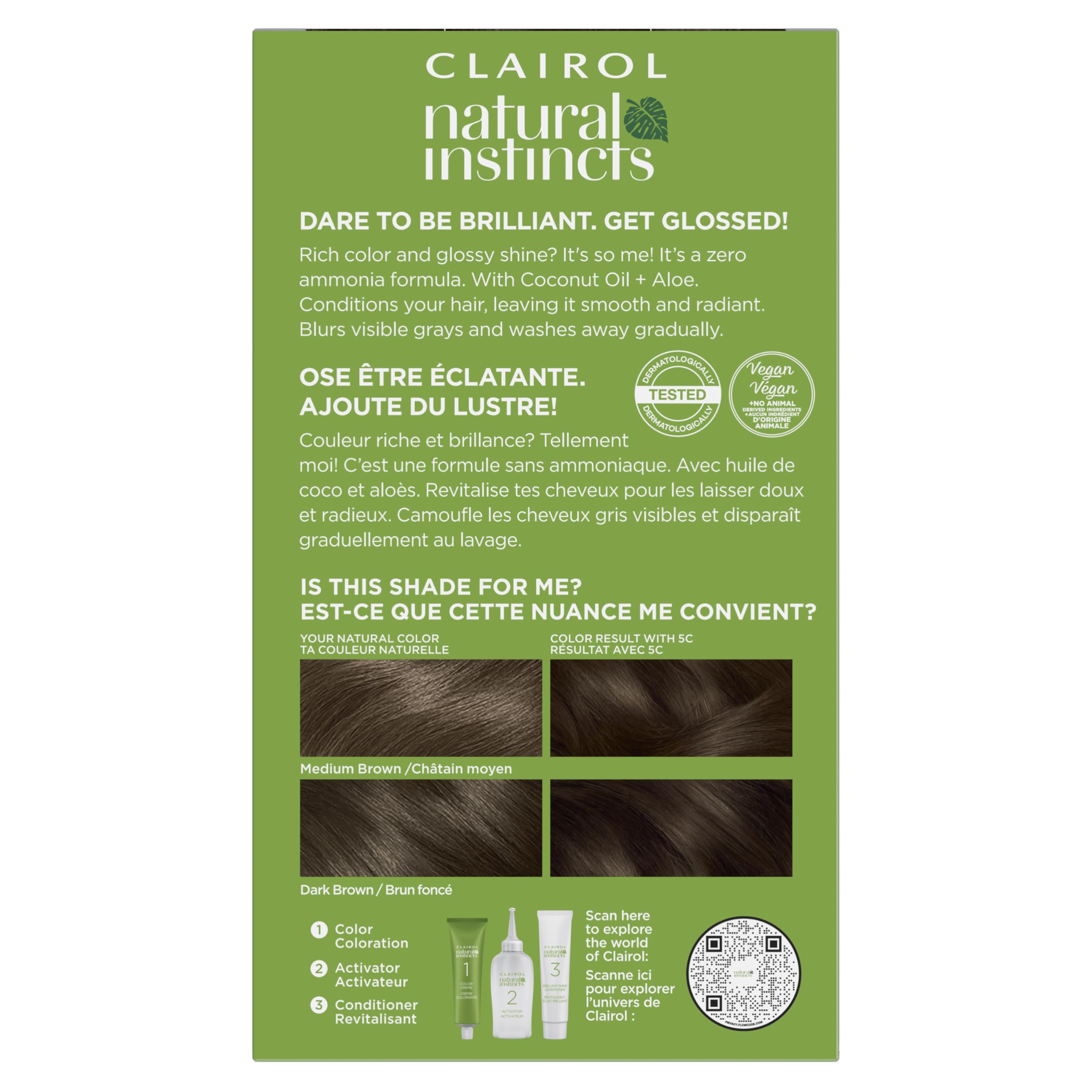 Clairol Natural Instincts kit contents displayed with applicator and gloves