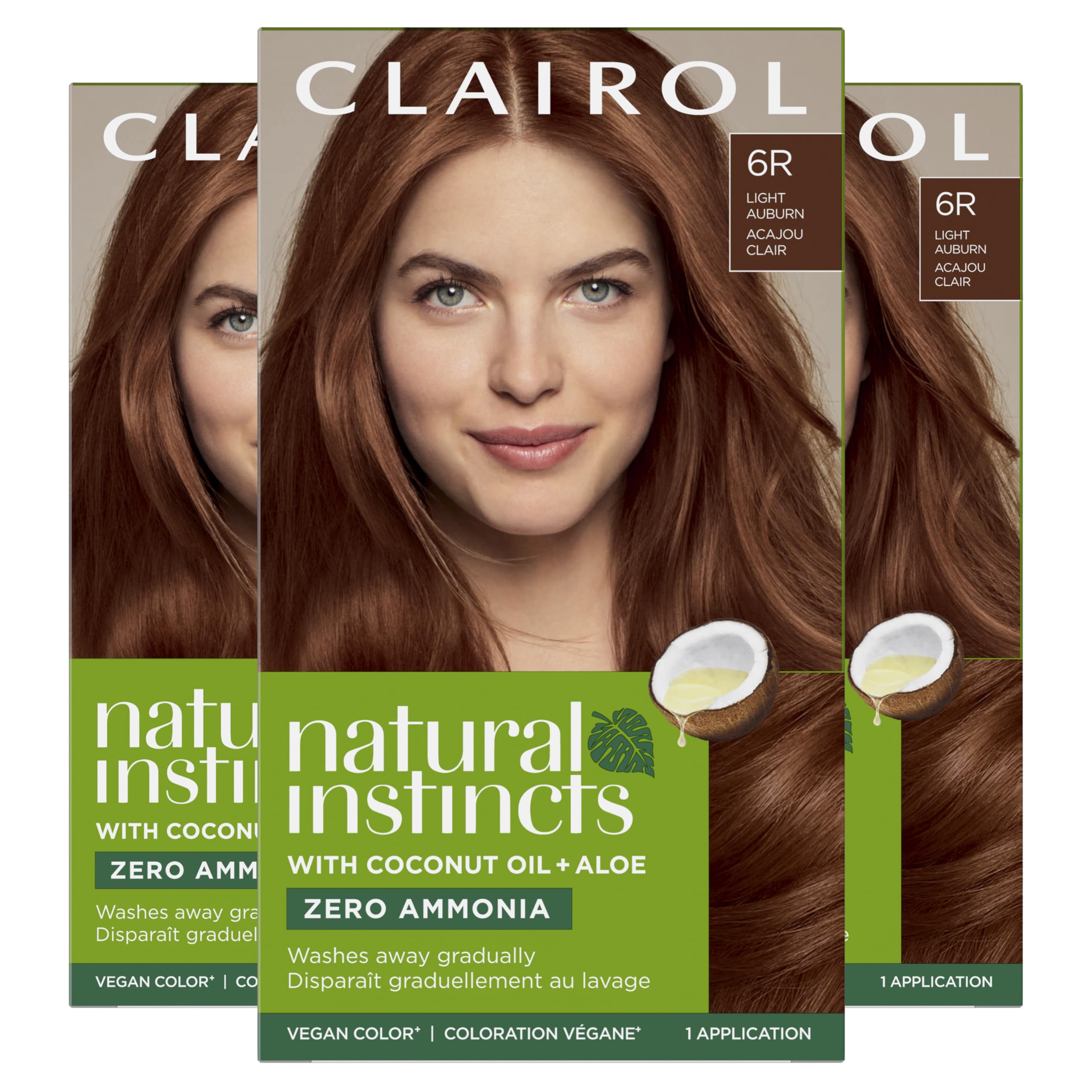 Clairol packaging front view showing shade 6R Light Auburn and benefits