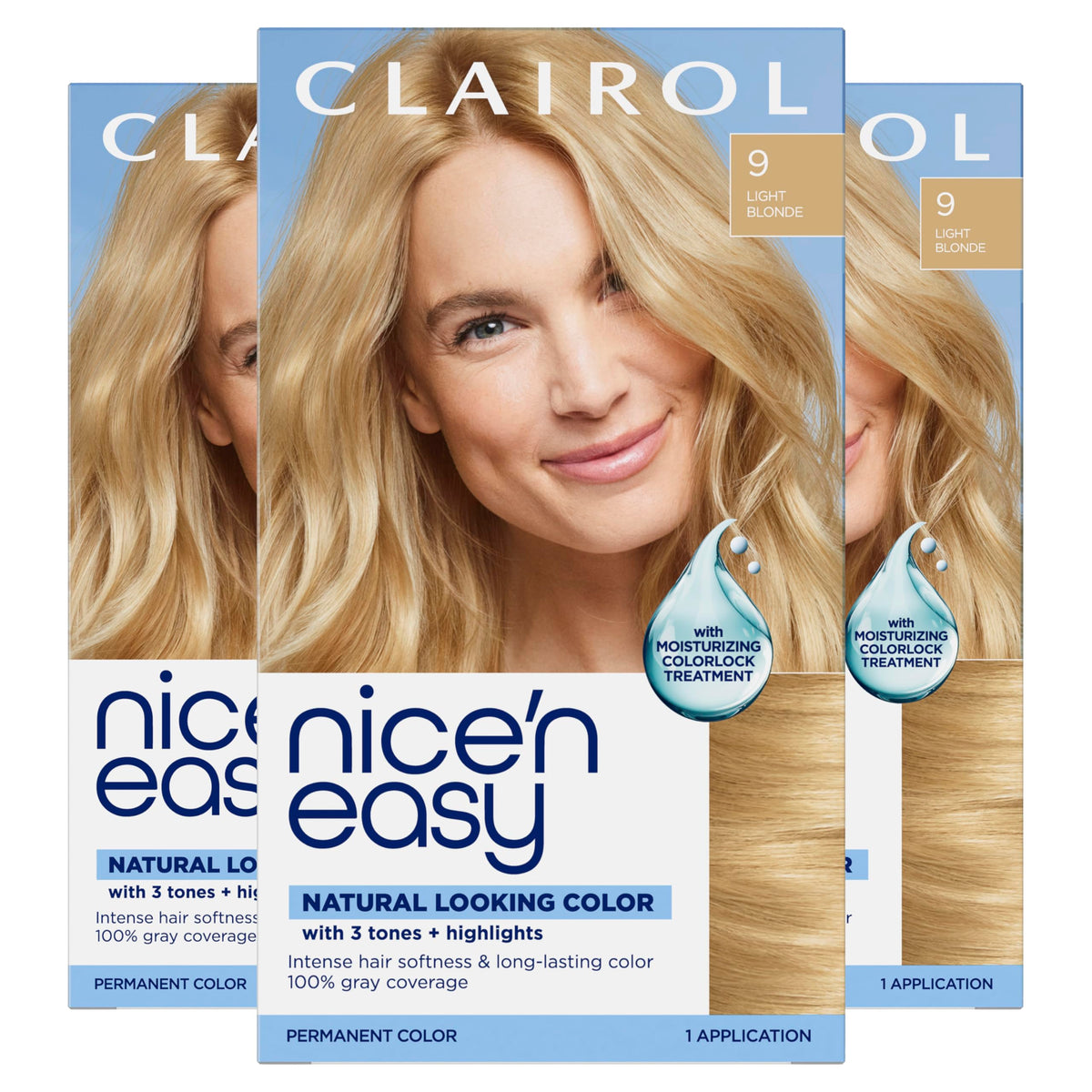 Clairol Nice'n Easy front packaging showing shade and pack benefits