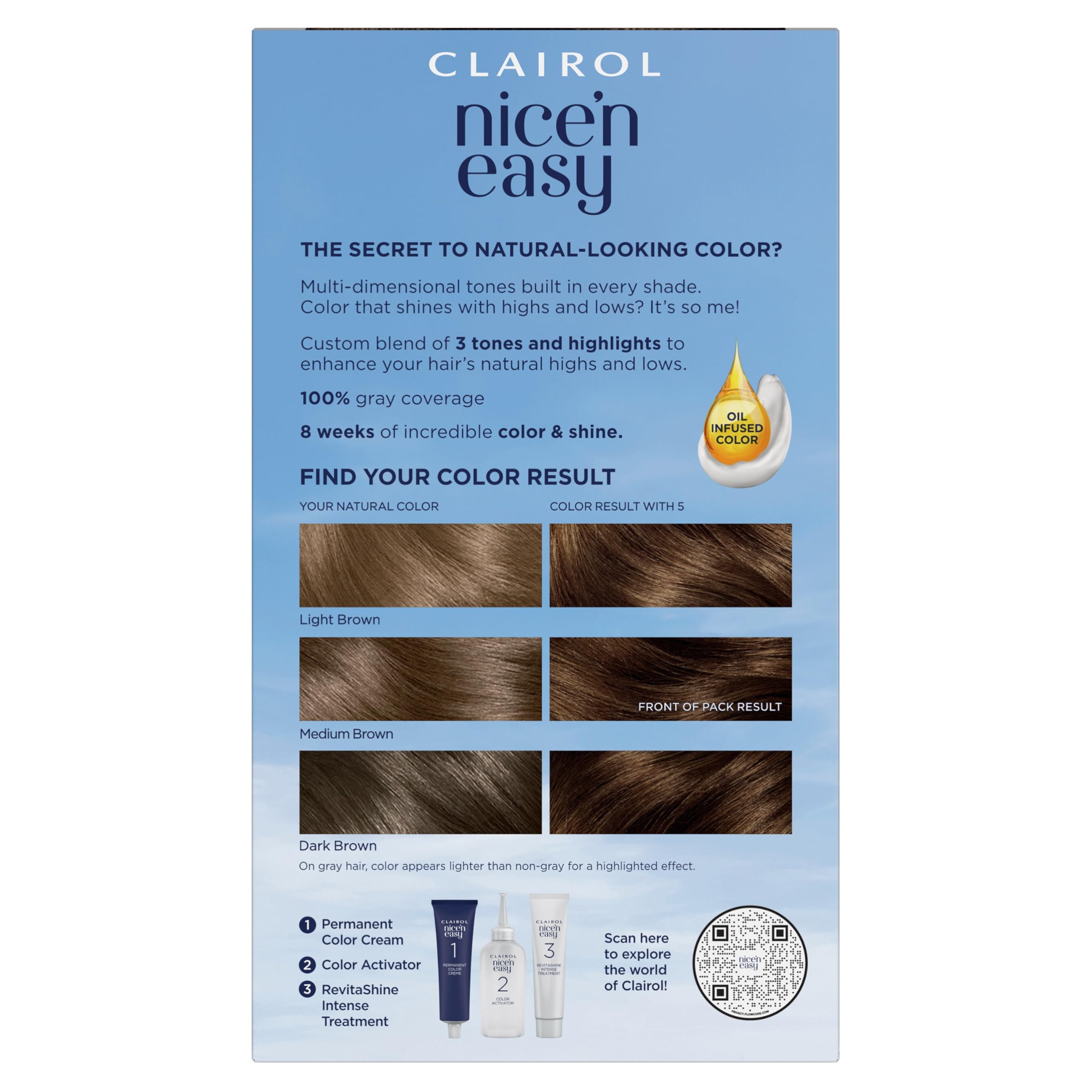 Clairol kit contents displayed with developer, colorant, gloves and instructions