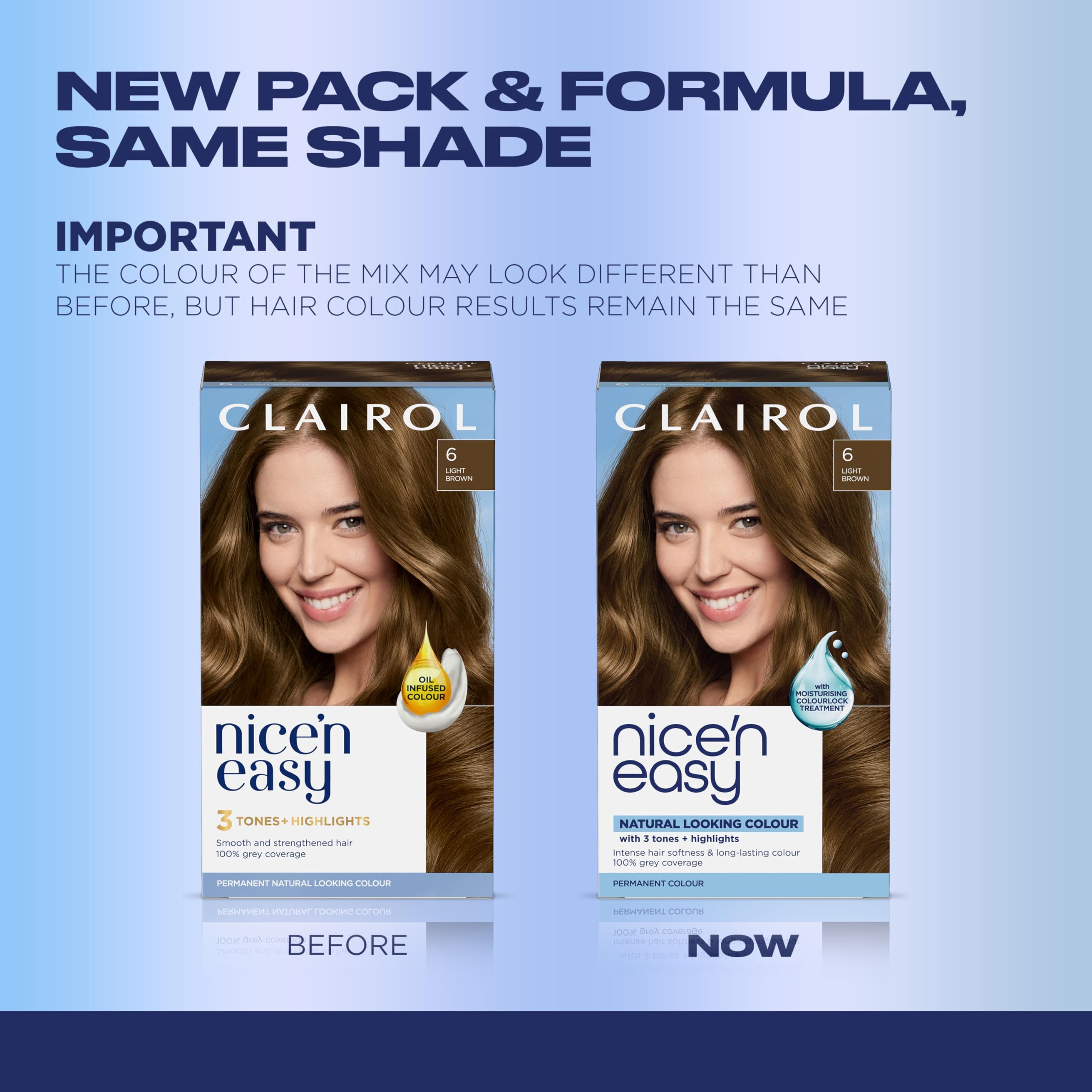 Clairol Nice'n Easy opened kit with bottle, developer, gloves, and packet for convenience