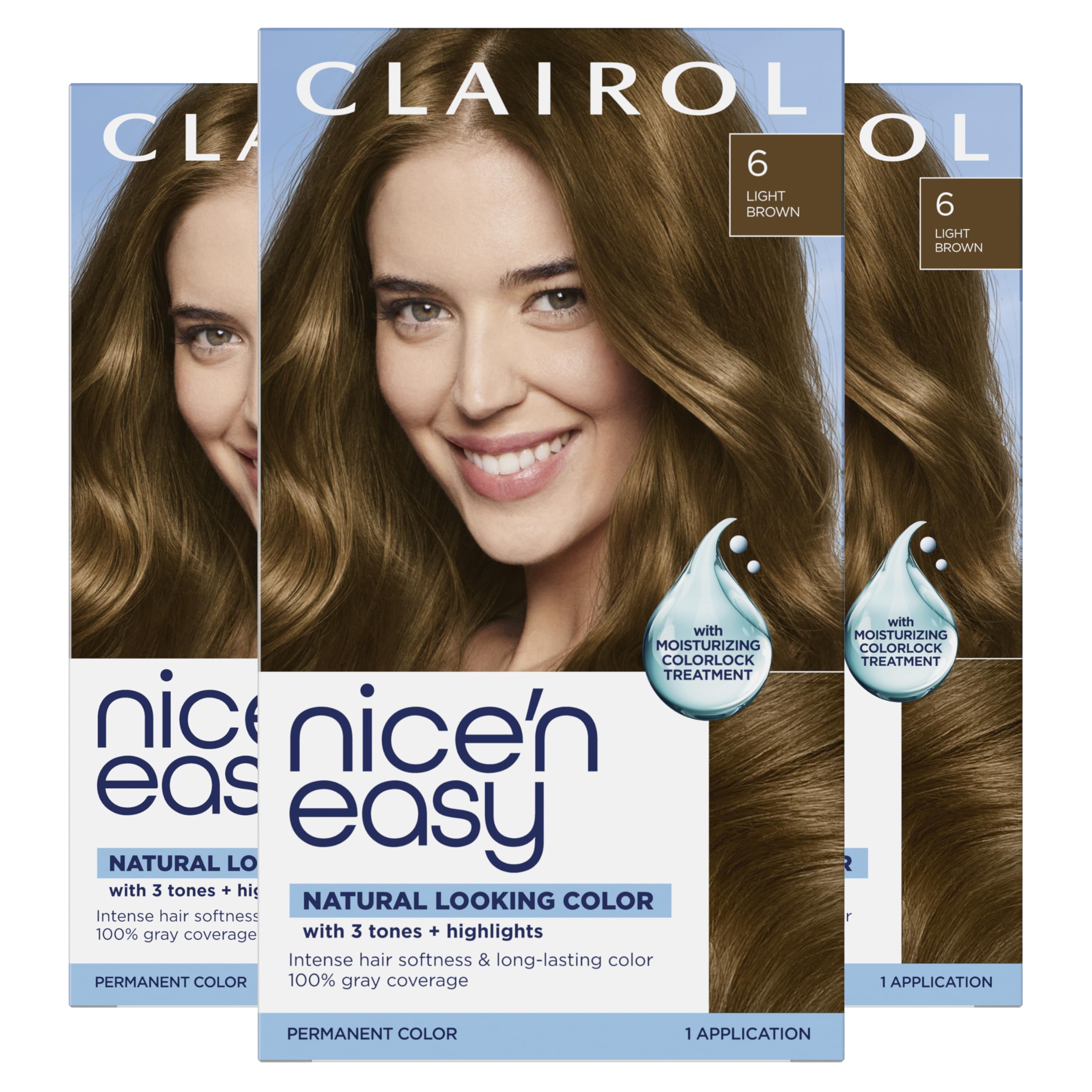 Clairol Nice'n Easy front box showing shade 6 Light Brown and benefits