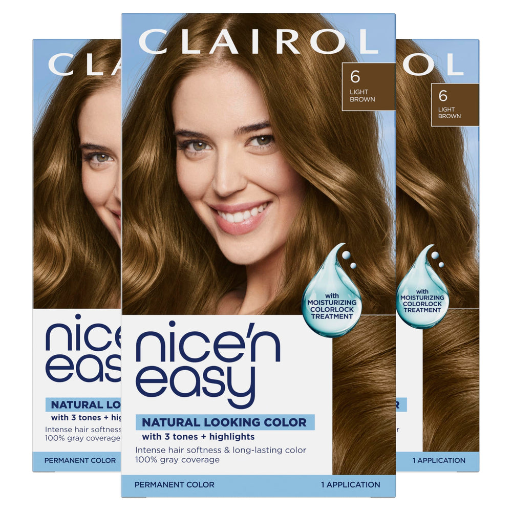 Clairol Nice'n Easy front box showing shade 6 Light Brown and benefits