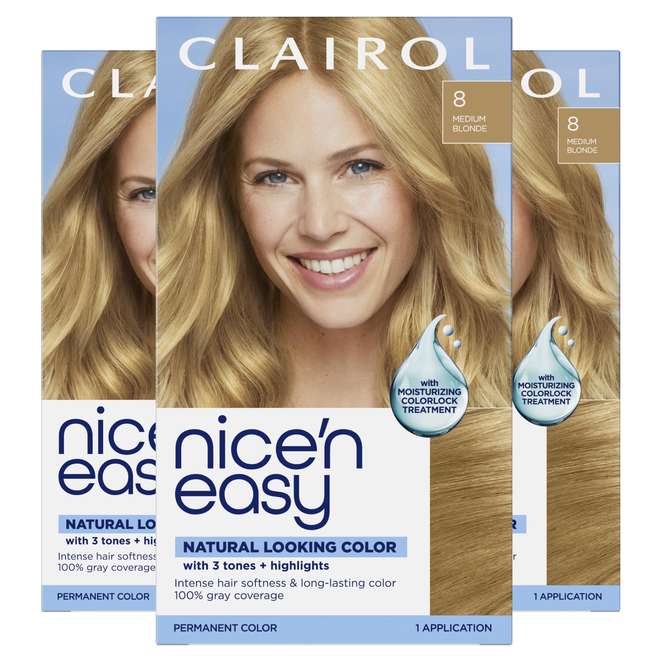 Clairol front packaging showing shade 8 Medium Blonde and pack of three benefits