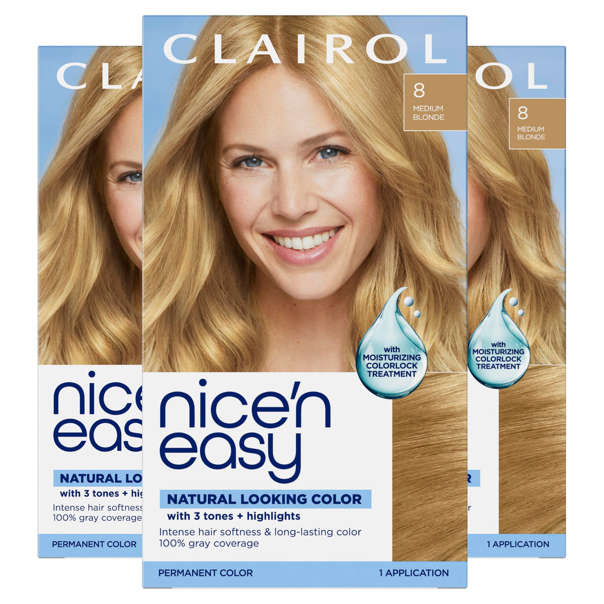 Clairol front packaging showing shade 8 Medium Blonde and pack of three benefits
