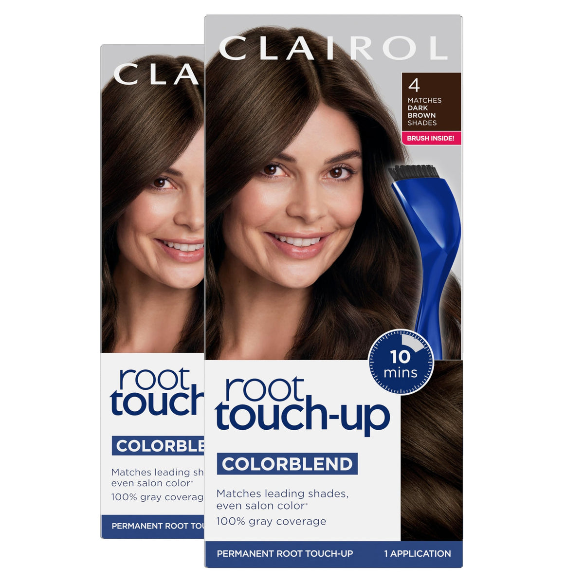 Clairol product front packaging showing 4 Dark Brown and benefits