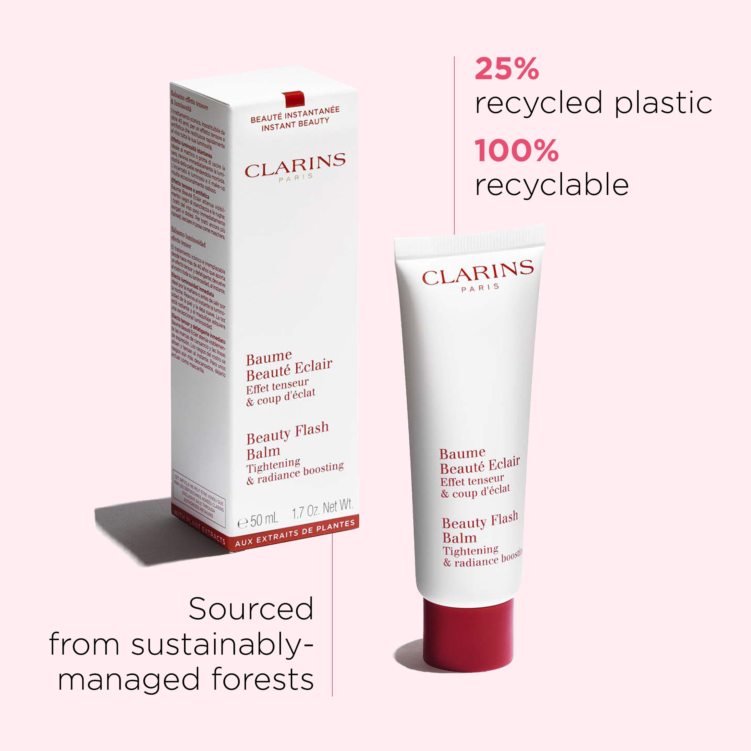 Clarins jar on bathroom counter lifestyle shot conveying everyday glow routine
