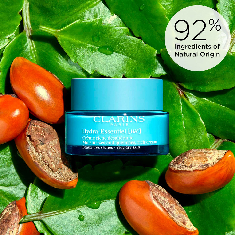 CLARINS label close-up listing hyaluronic acid for long-lasting moisture