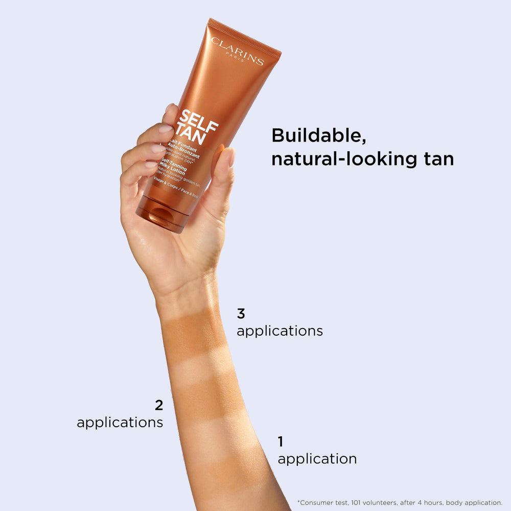 Clarins milky lotion on cheekbone showing natural face tan result
