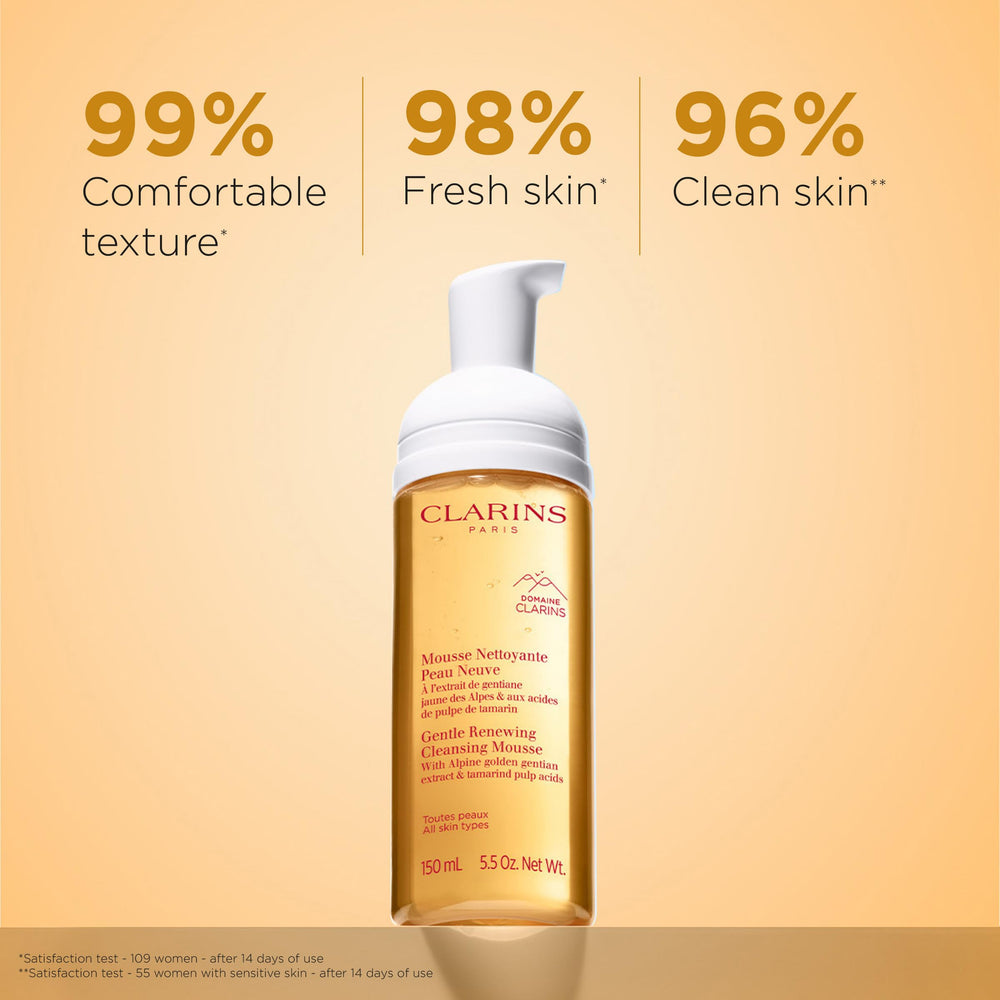 CLARINS pump dispenser releasing airy foam for gentle cleansing benefit