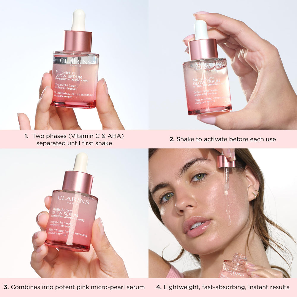 Clarins applying serum with fingertips showing gentle press-in method for absorption
