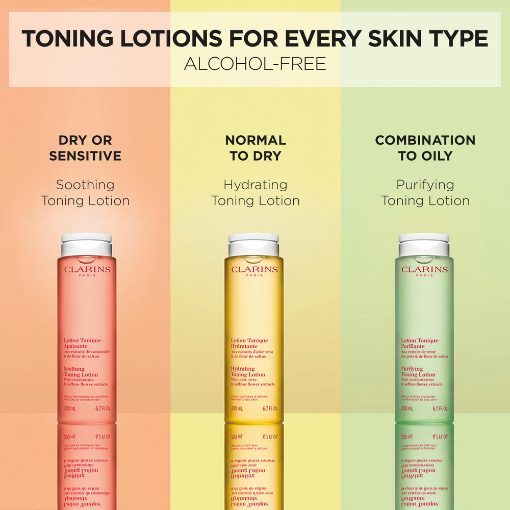 Clarins toner on bathroom shelf lifestyle scene suggesting daily routine boost