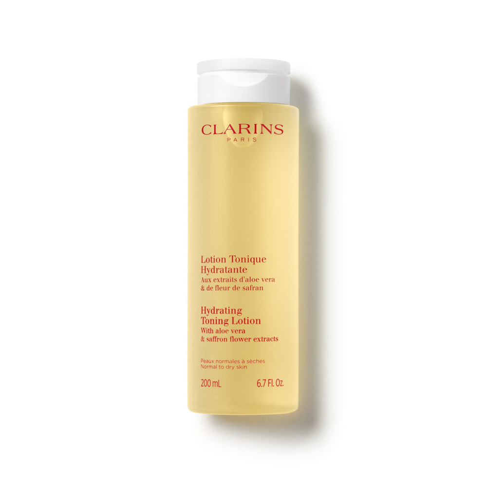 Clarins bottle front view showing hydrating toner and clear label benefit