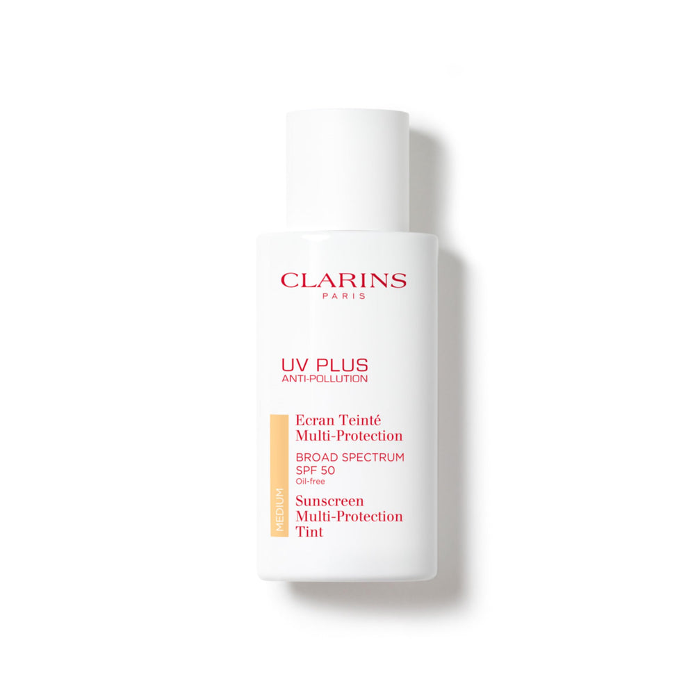 Clarins tube front view showing medium tint and SPF50 protection benefit