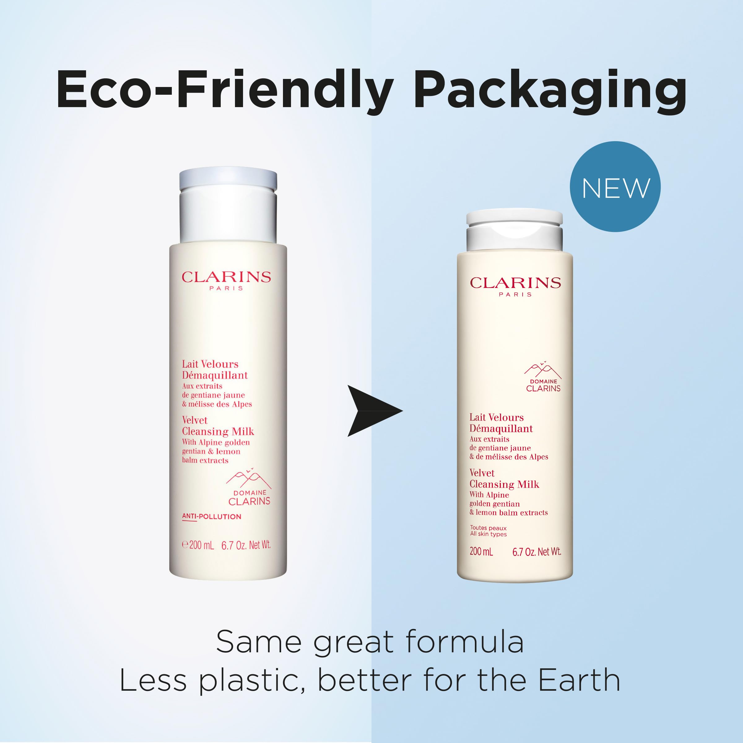 Clarins bottle next to hand for scale to show the 6.7 oz travel-friendly size
