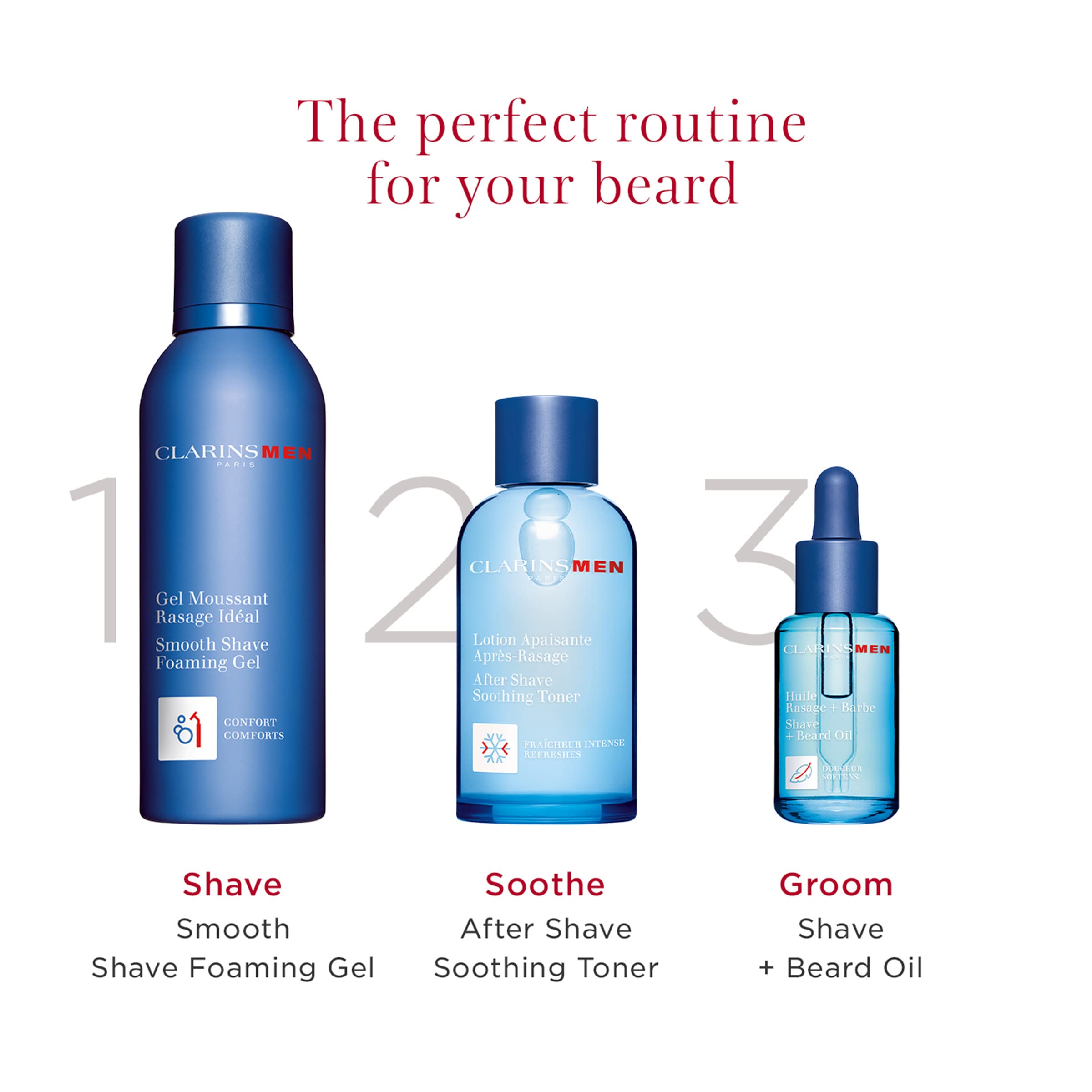CLARINS in-bathroom lifestyle scene showing grooming routine refreshment