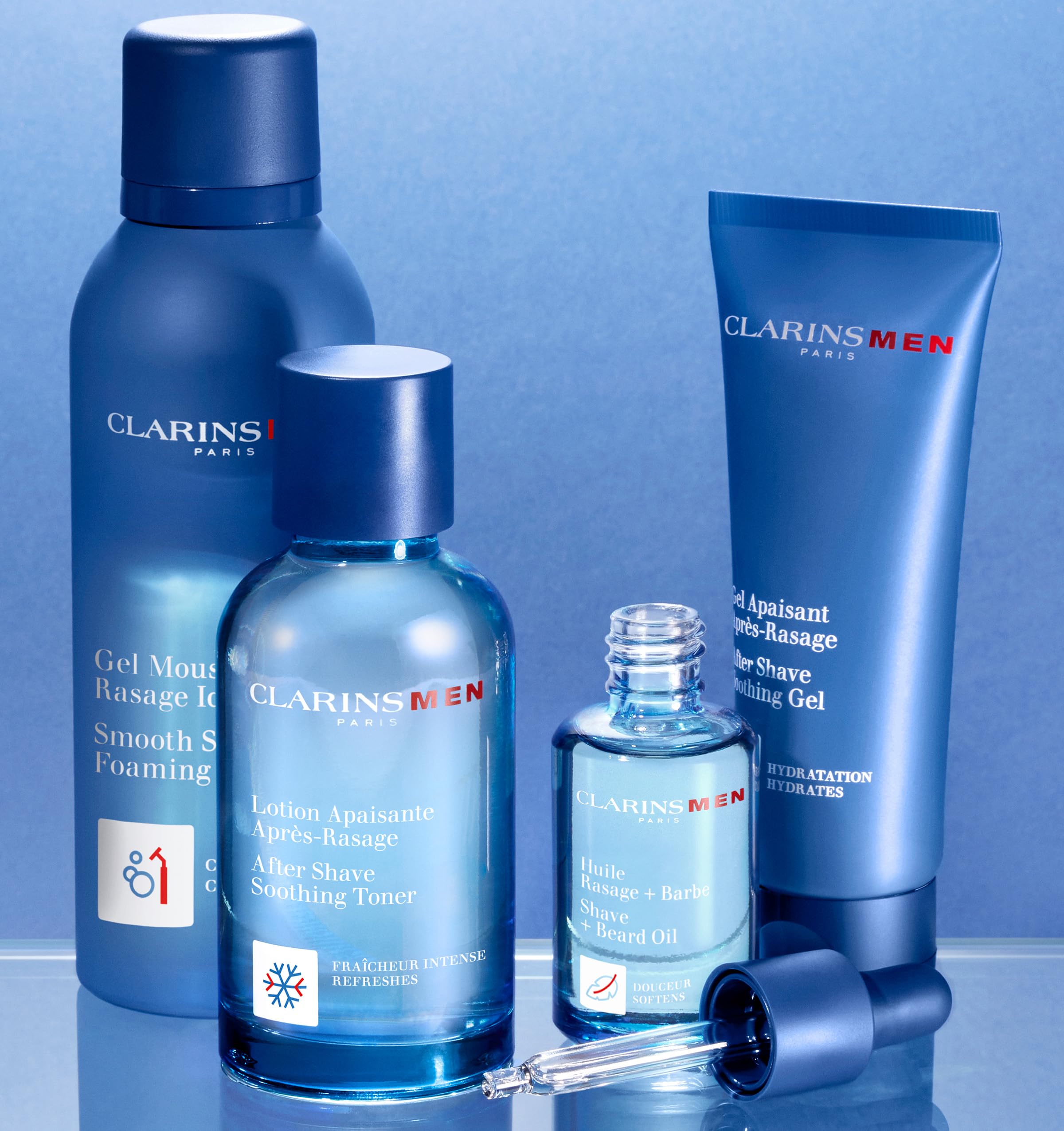 CLARINS post-shave skin closeup showing smooth, hydrated result after use