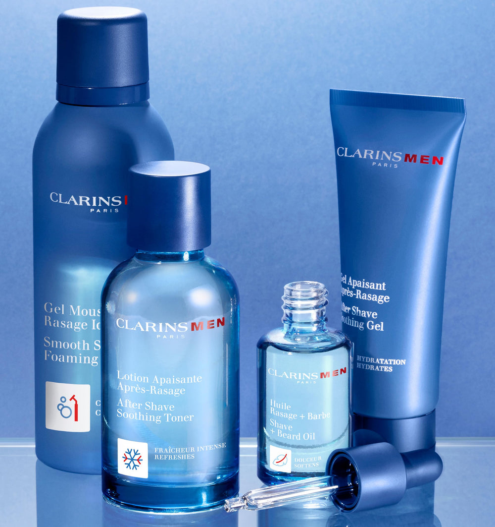 CLARINS post-shave skin closeup showing smooth, hydrated result after use