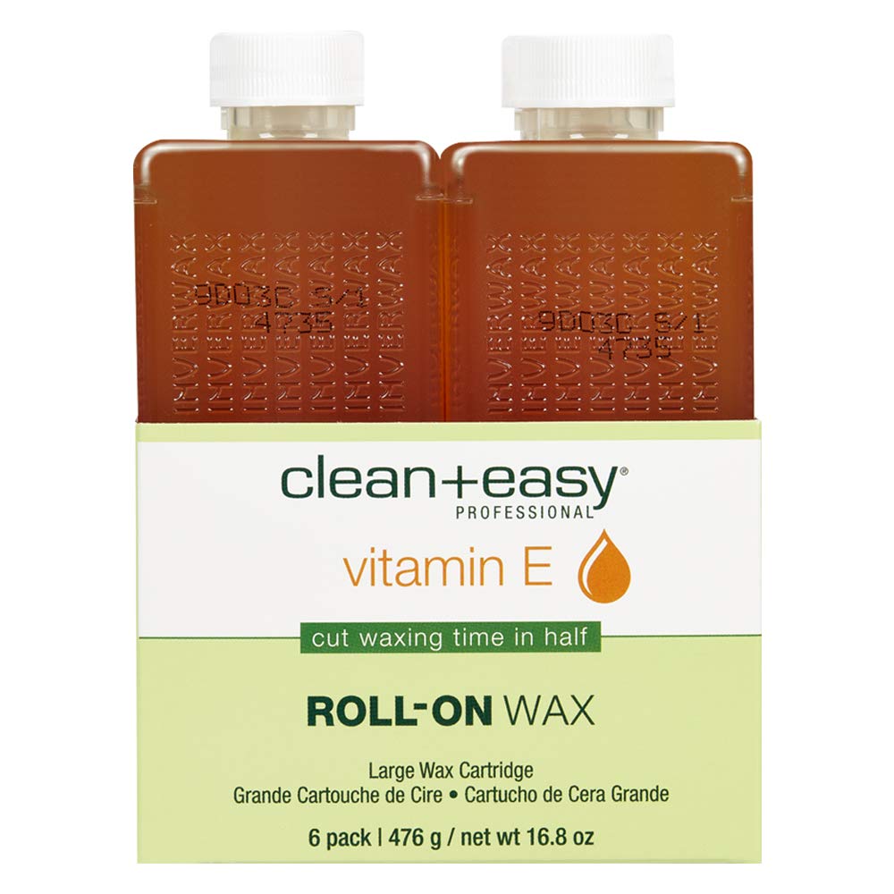 Clean + Easy front packaging showing six large vitamin E roll-on refills and benefits