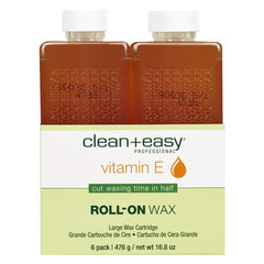 Clean + Easy front packaging showing six large vitamin E roll-on refills and benefits