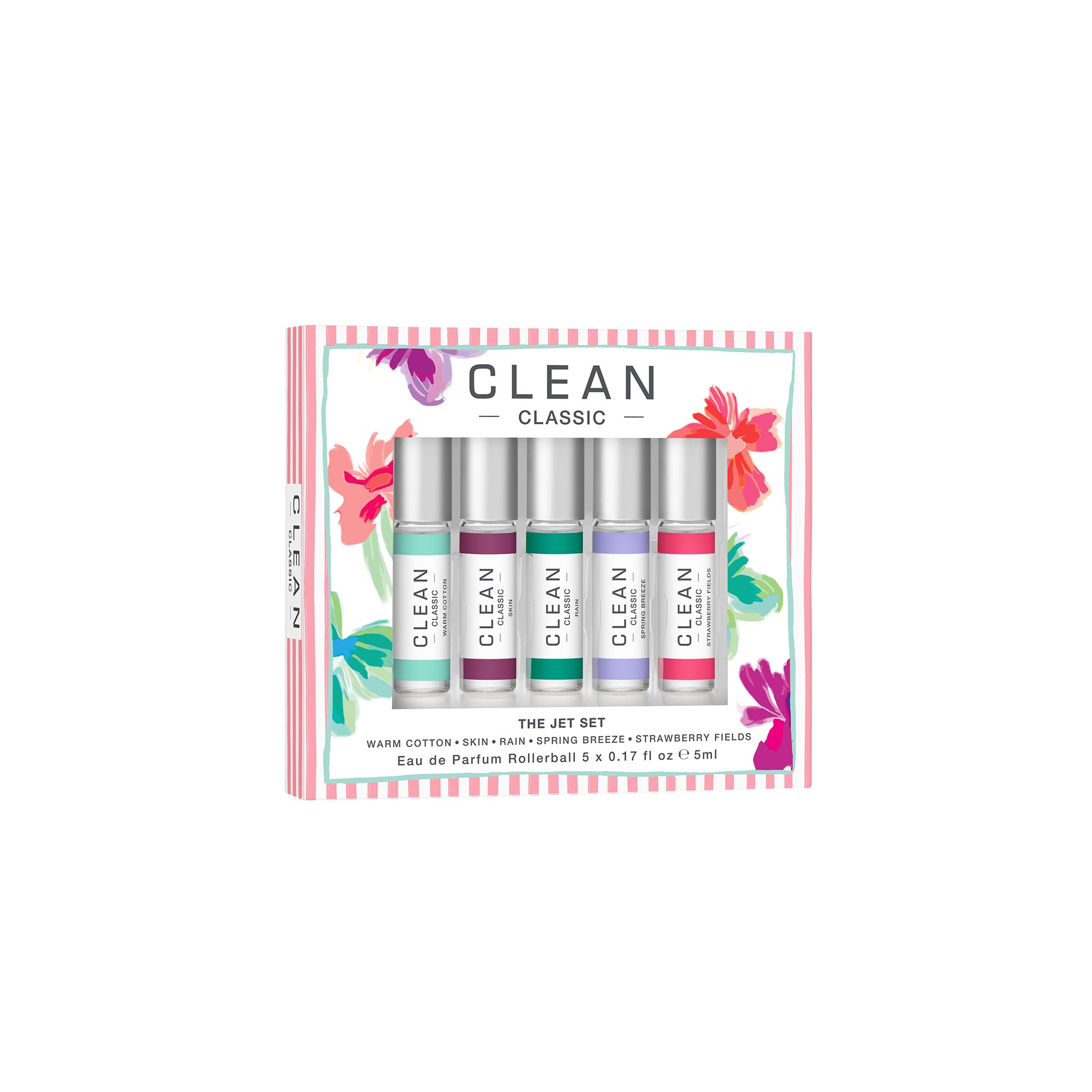 CLEAN front packaging of The Jet Set showing five compact rollerballs and travel convenience