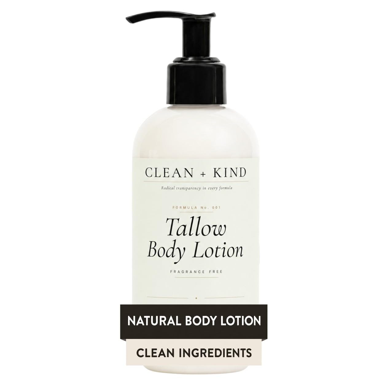 Clean + Kind front label showing unscented tallow lotion and clear ingredients list