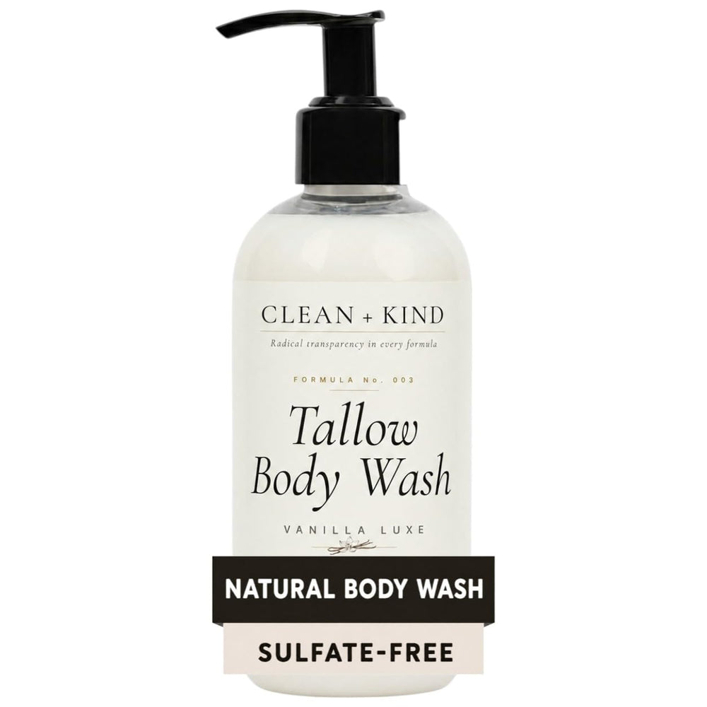 Clean + Kind front pump bottle showing product and readable label benefits