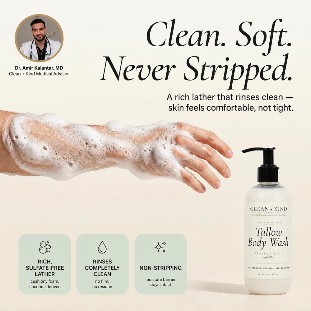 Clean + Kind pump dispensing into hand in shower for easy daily use