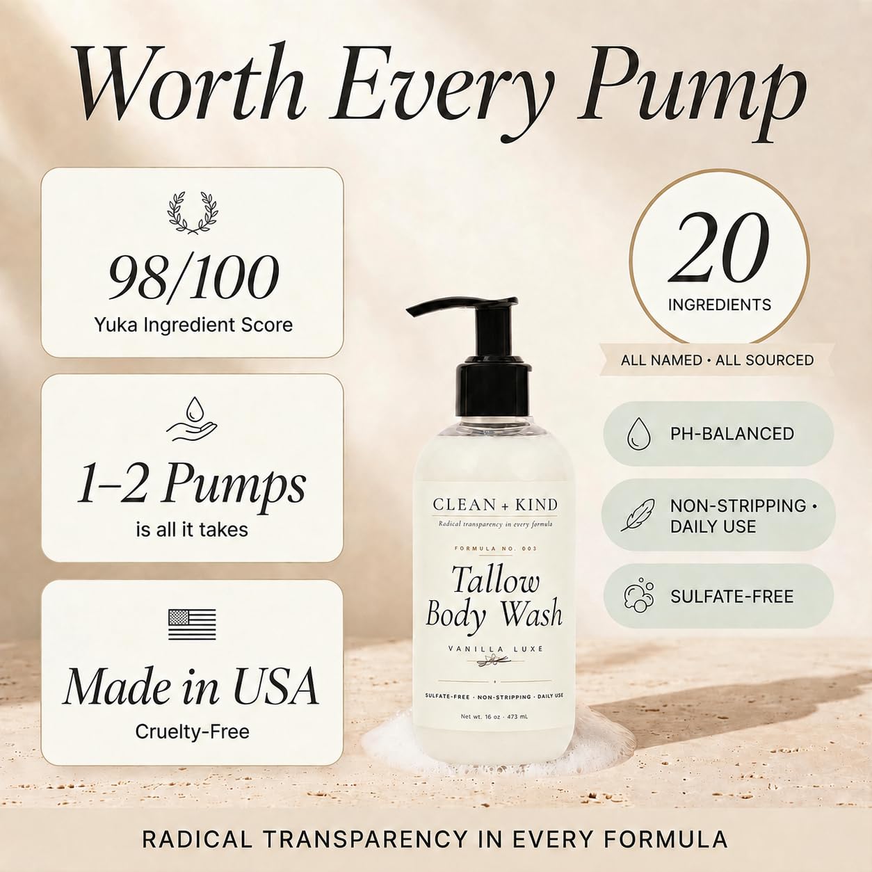 Clean + Kind bottle next to a hand for size scale and pump convenience