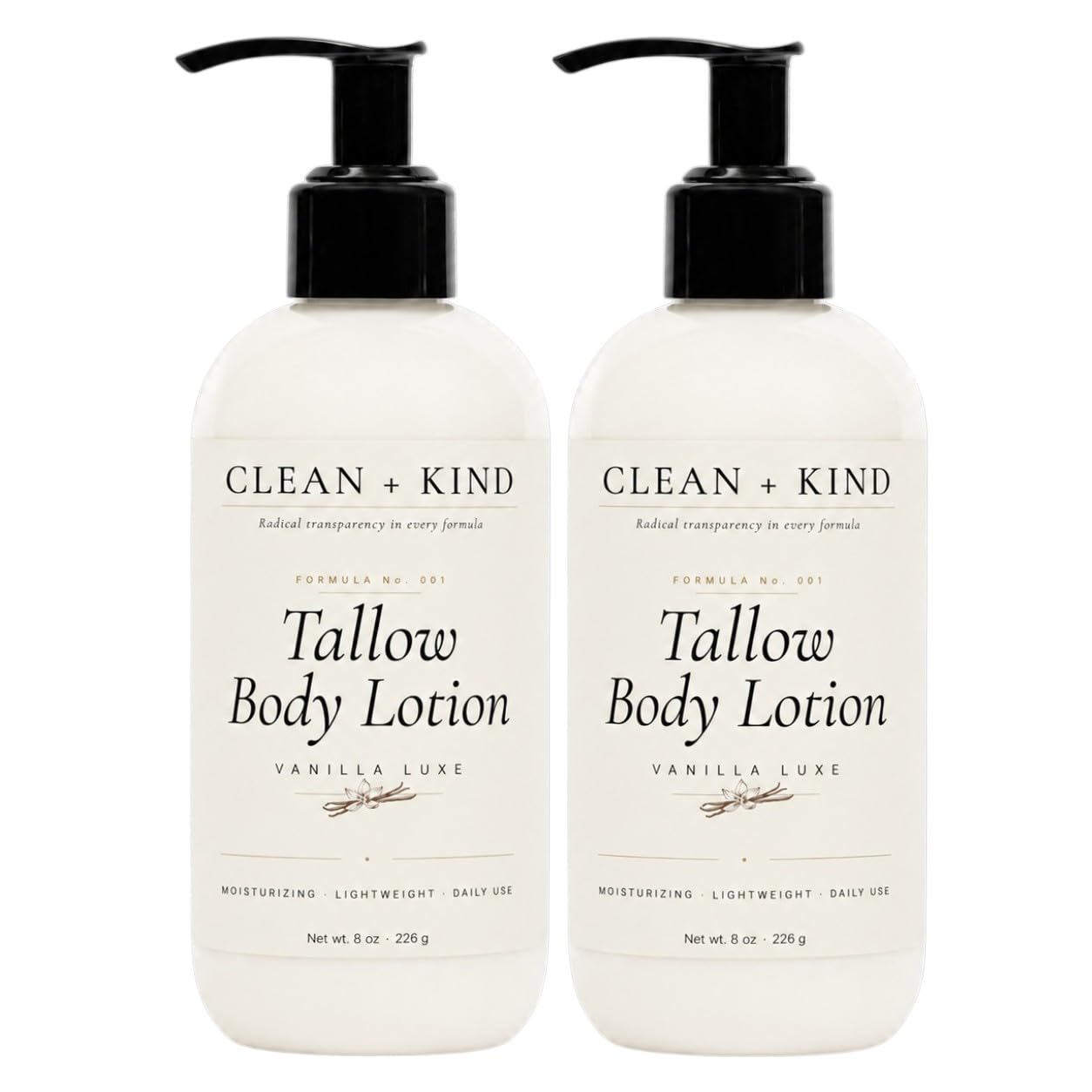 Clean + Kind front packaging showing two vanilla tallow lotion bottles and value benefit