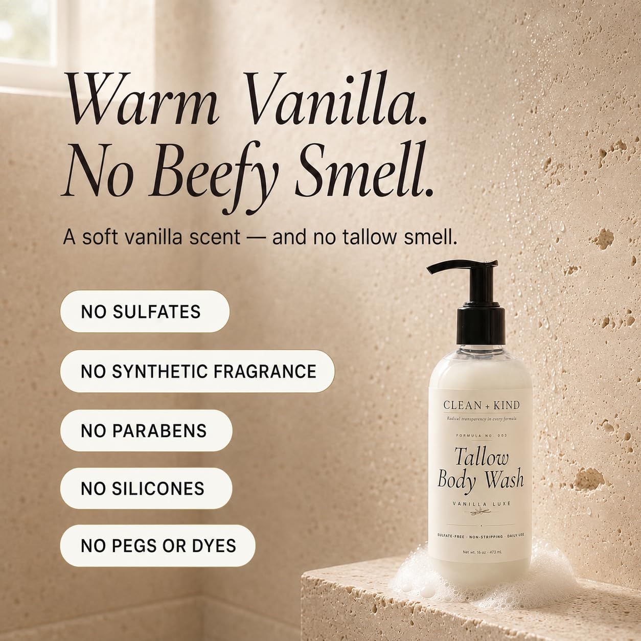 Clean + Kind grass-fed tallow source visual representing nourishing lipids