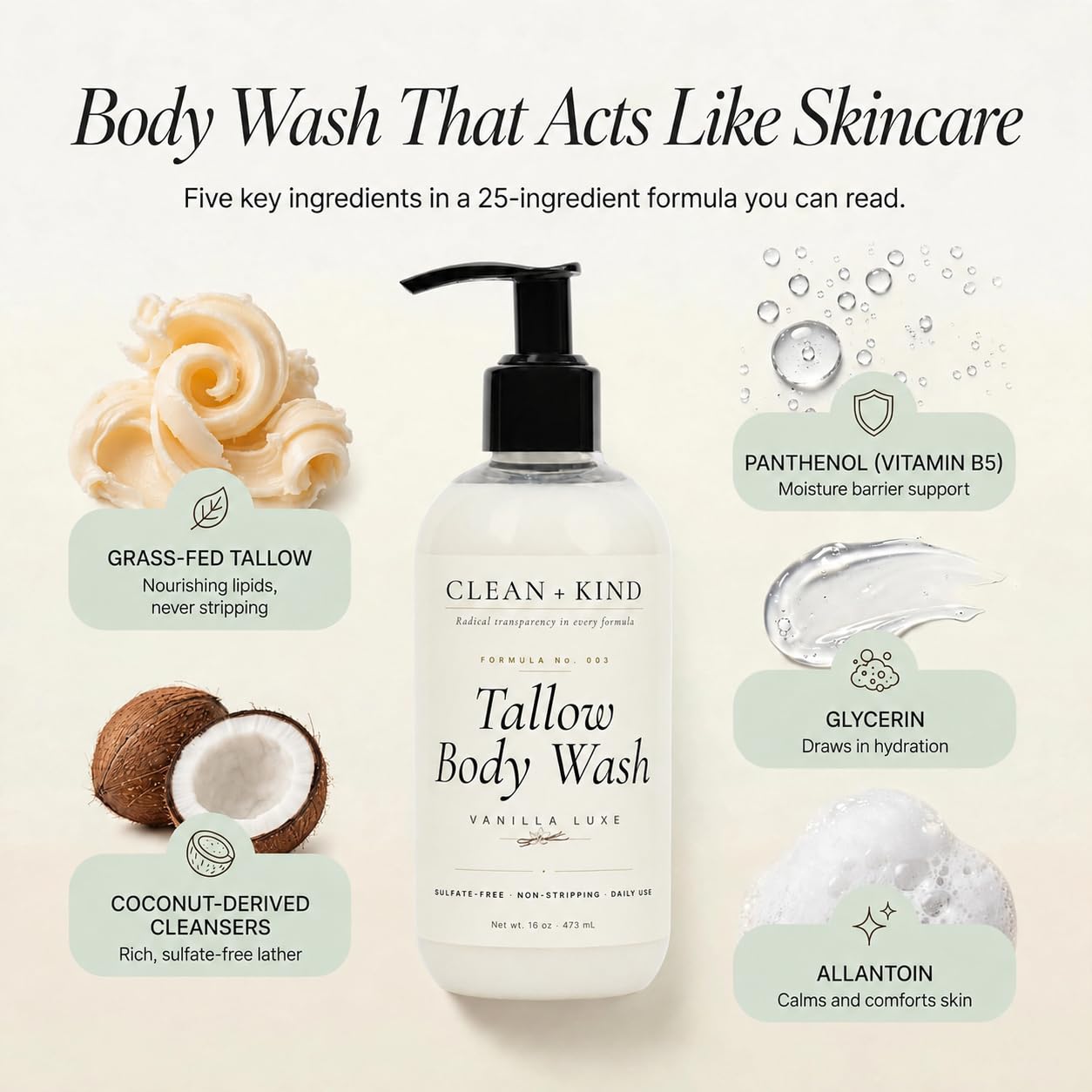 Clean + Kind creamy foam texture demonstrating gentle, moisturizing lather