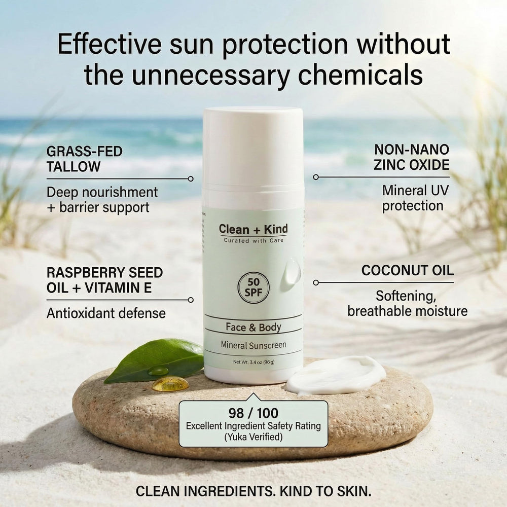 Clean + Kind close-up texture spread illustrating smooth, non-greasy application