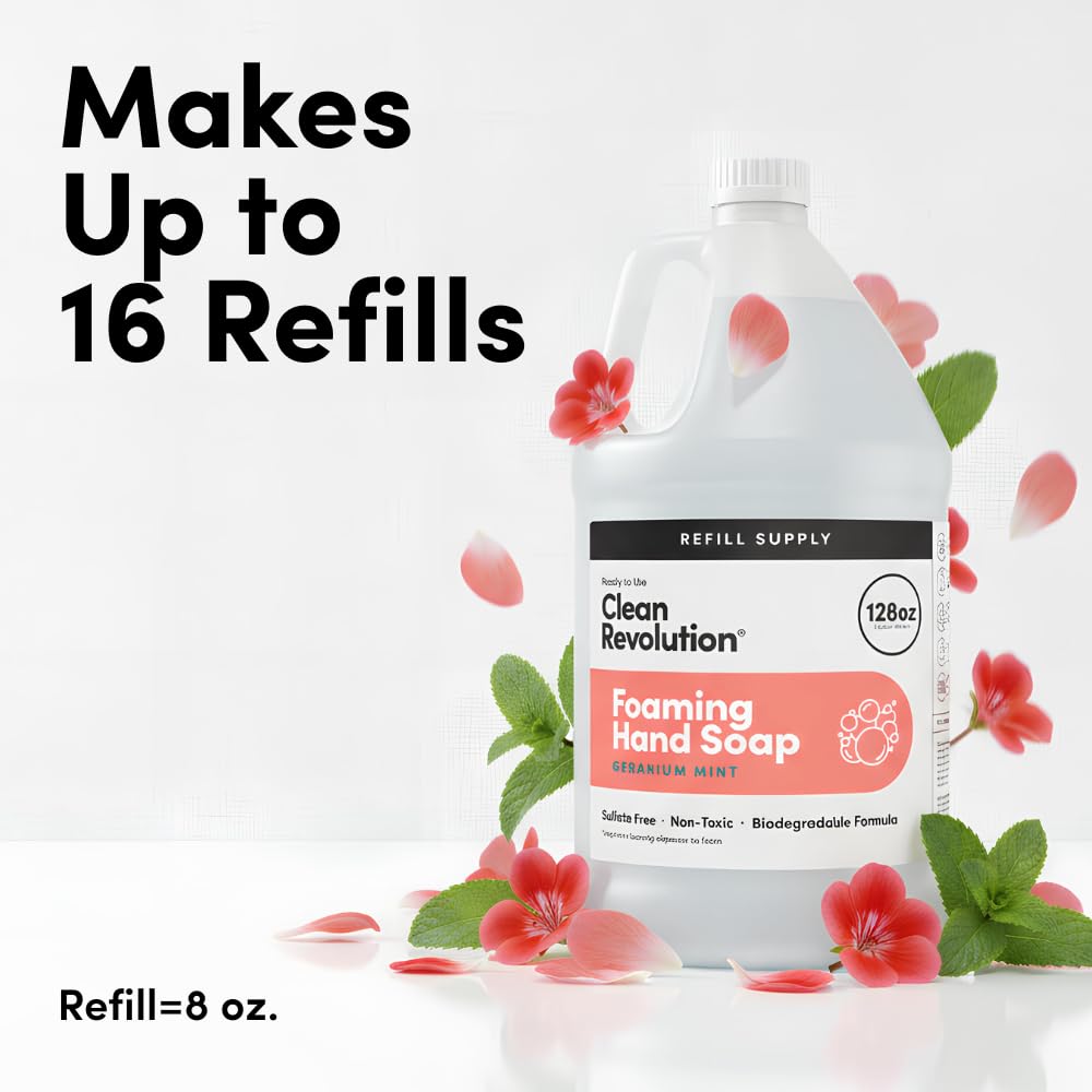 Clean Revolution gallon next to dispenser to show size and ease of refilling