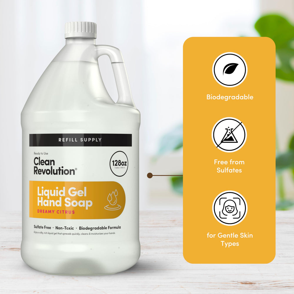 Clean Revolution 128 oz container next to hand for refill size perspective