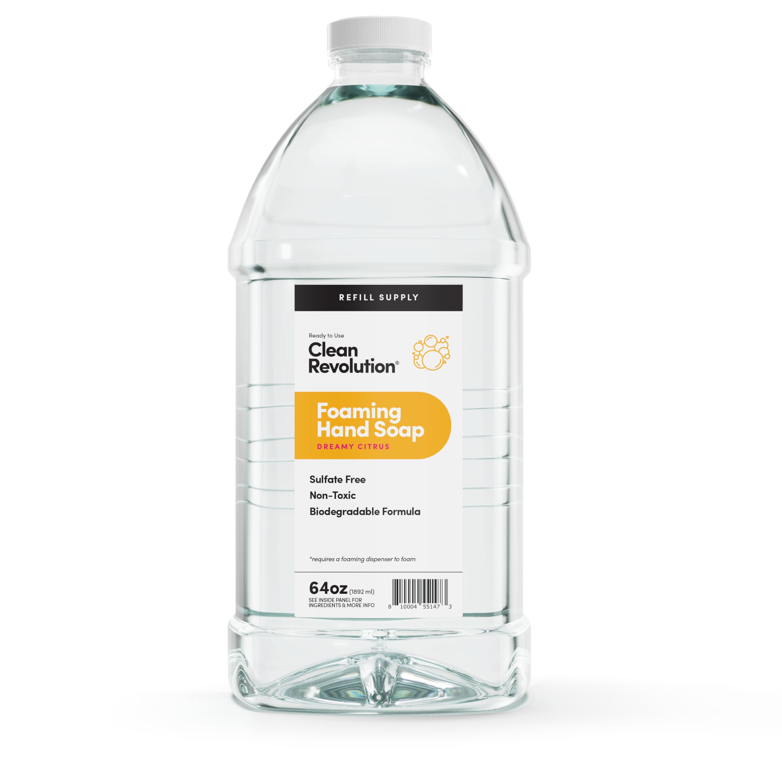 Clean Revolution jug front view showing Dreamy Citrus label and large refill benefit