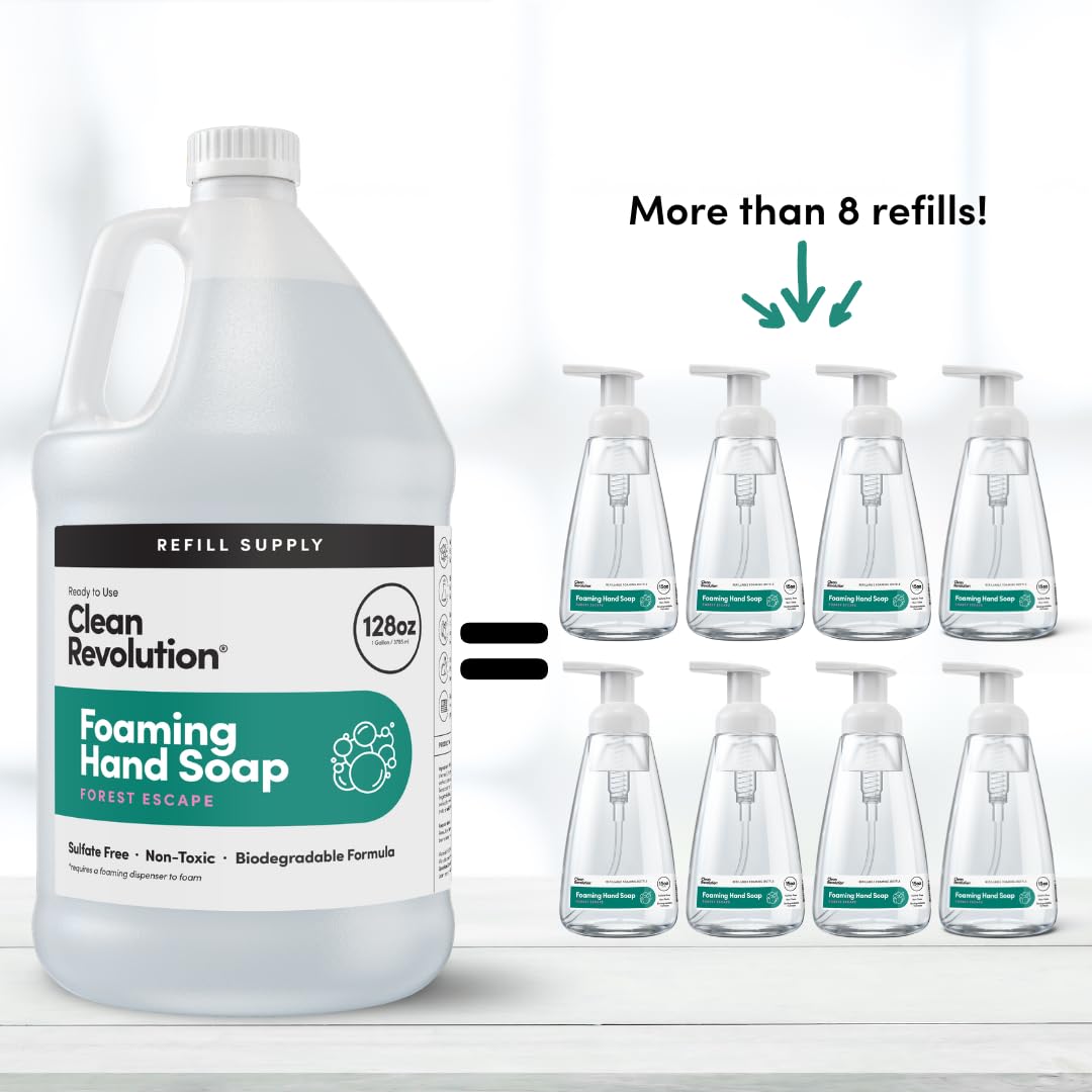 Clean Revolution gallon next to 14oz bottle illustrating refill capacity savings