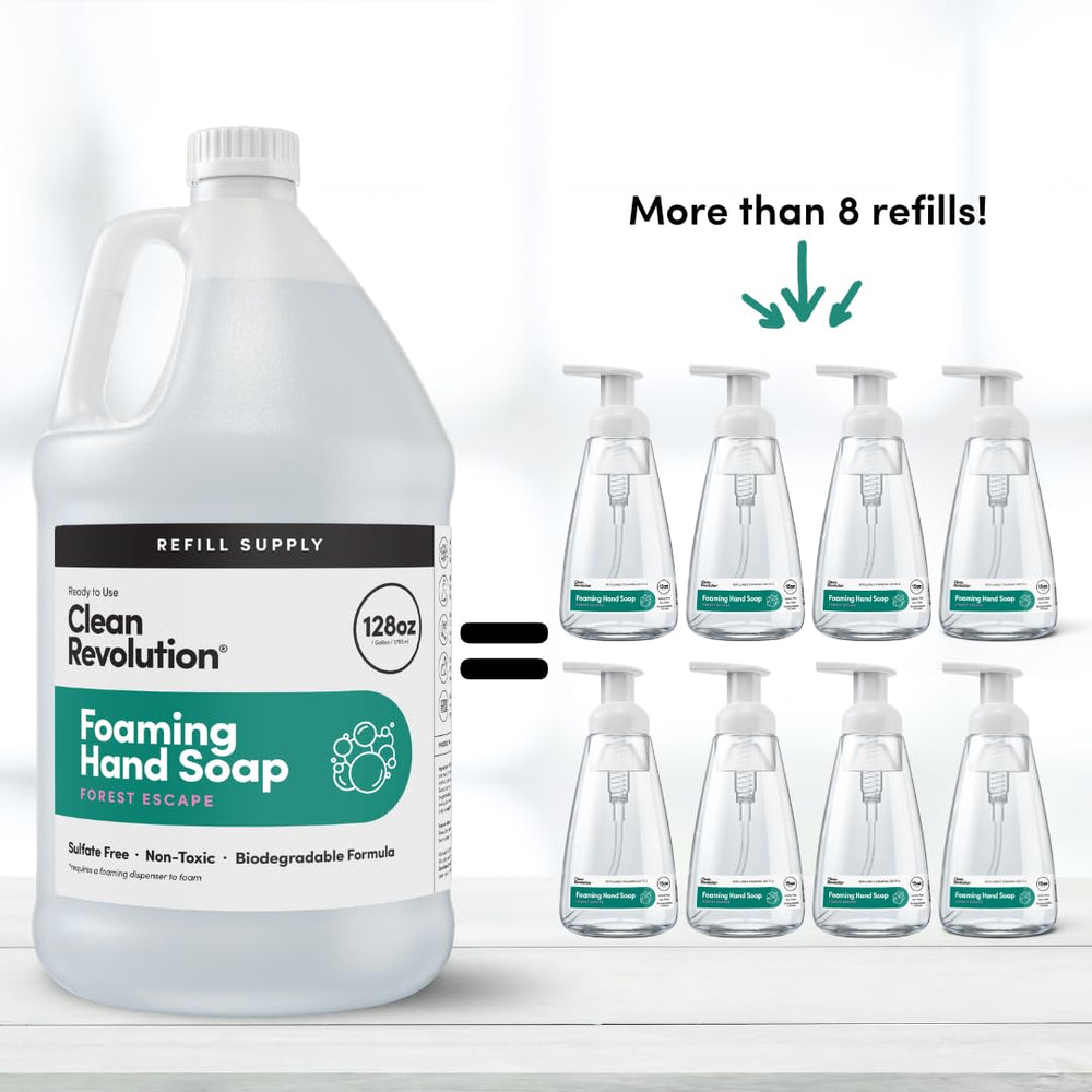 Clean Revolution gallon next to 14oz bottle illustrating refill capacity savings