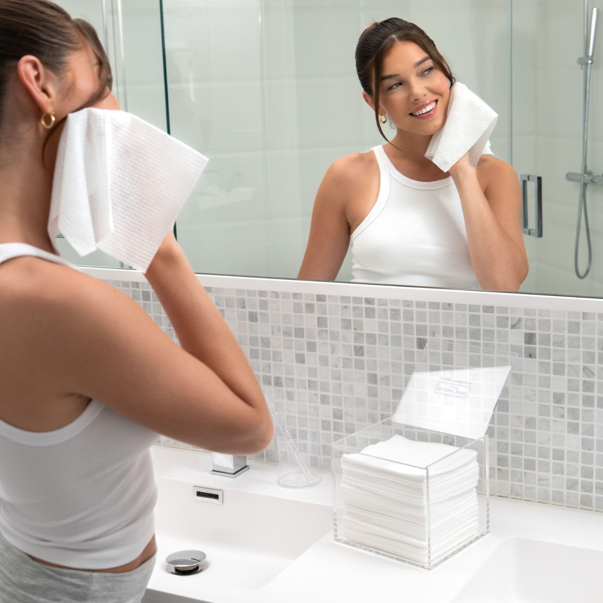 CLEAN SKIN CLUB on bathroom vanity showing minimalist look and clutter-free benefit