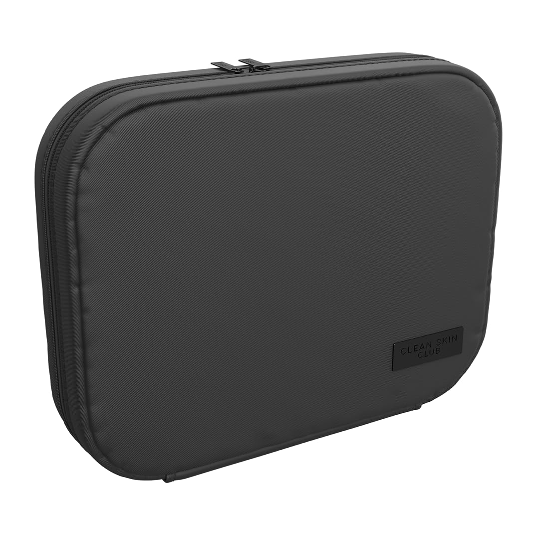 CLEAN SKIN CLUB pouch front view in black showing compact storage benefit