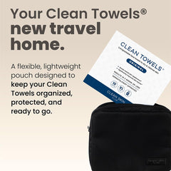 CLEAN SKIN CLUB pouch open with a 10-count travel box demonstrating organization