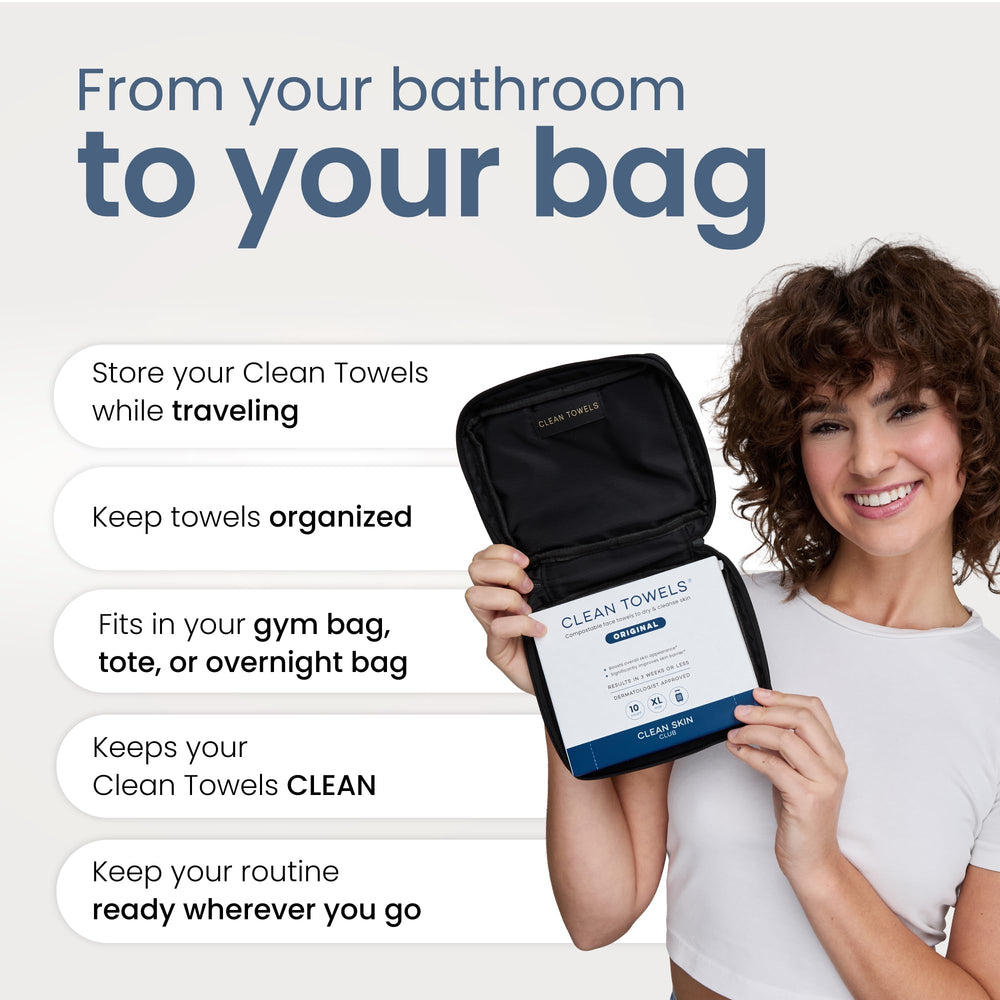 CLEAN SKIN CLUB pouch next to a travel box and towels showing compatibility benefit