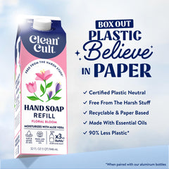 Cleancult pouch being poured into pump bottle demonstrating easy refill