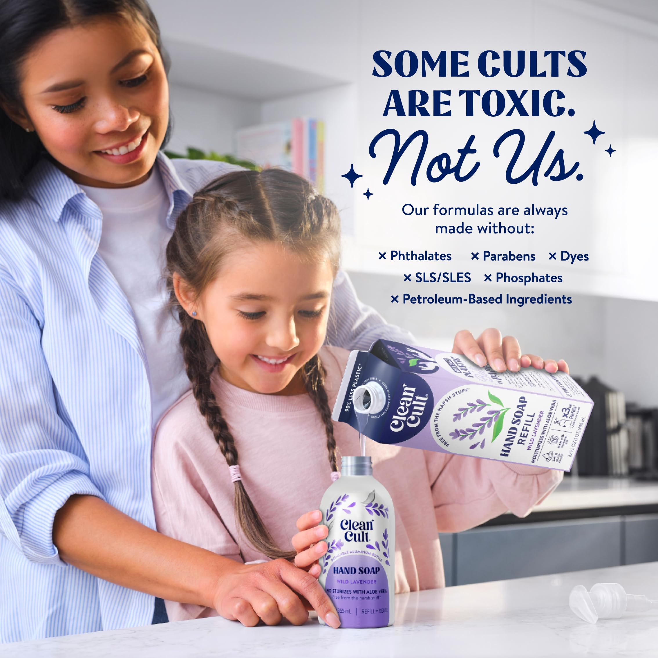 Cleancult 32 oz carton beside a hand to show refill size and scale